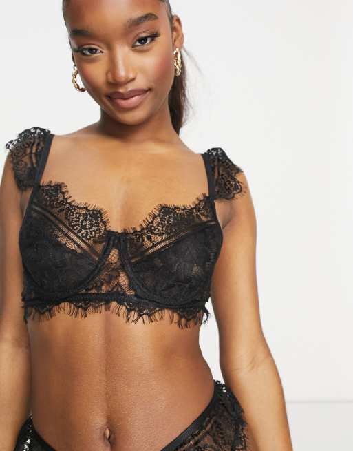 Love Other Things lace frilly bra and thong set in black