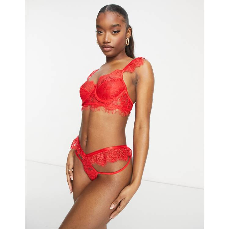 Love & Other Things lace frilly bra and thong set in red