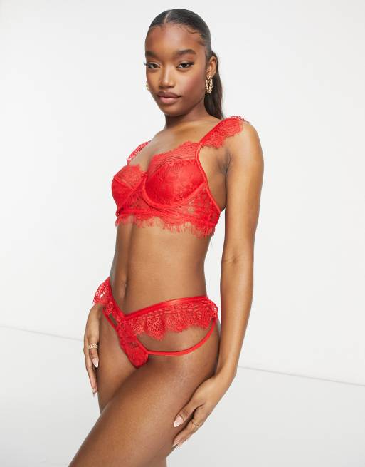 RED Lace longline padded bra and thong set, Women Lingerie Set