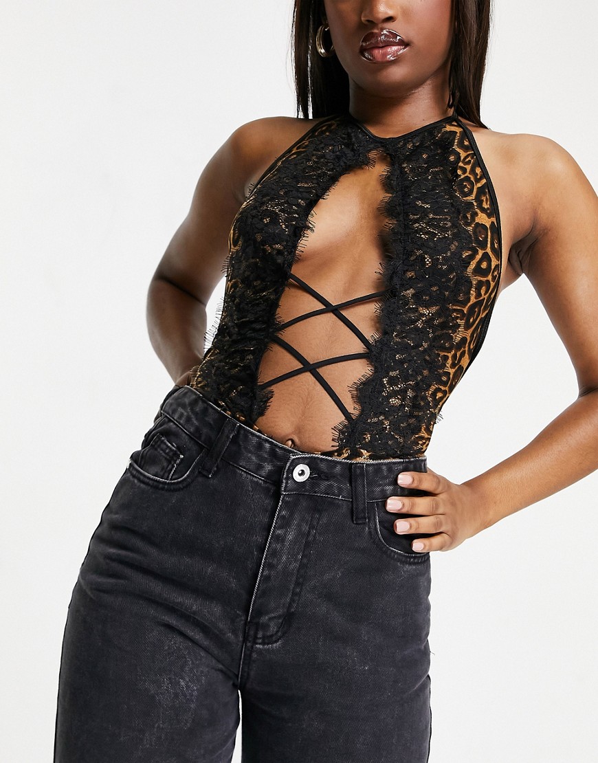 Love & Other Things leopard print lace sexy bodysuit-Multi