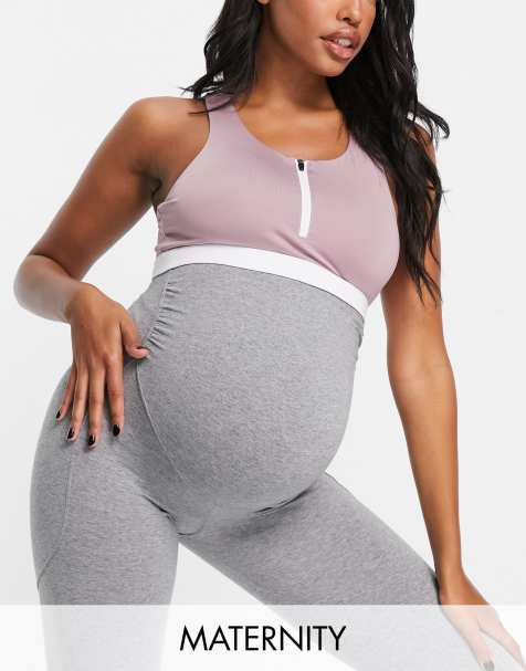 Love &amp; Other Things Maternity gym co-ord contrast zip front sports bra in mauve &amp; white