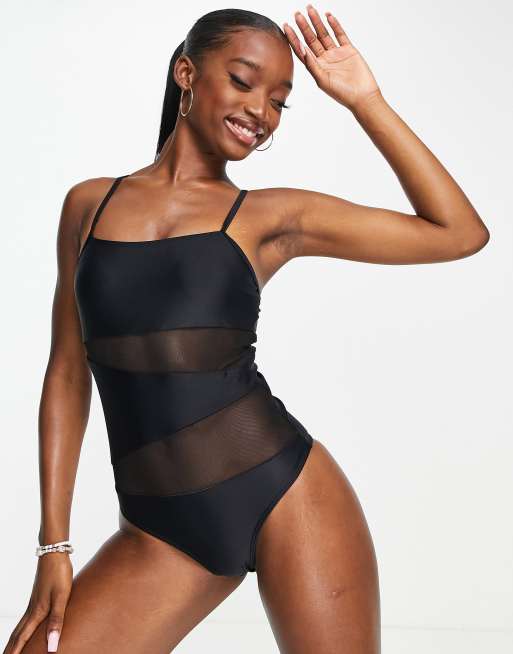 Black mesh cheap swimming costume