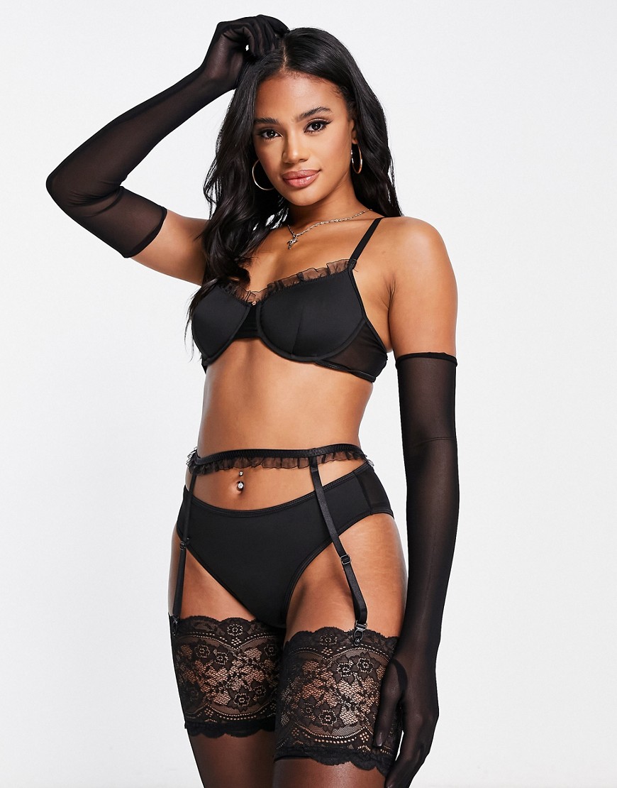 Love & Other Things mesh frill lingerie and gloves set in black