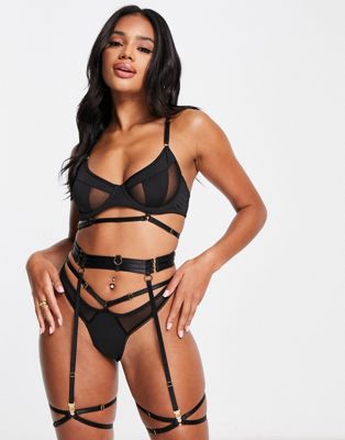 Love & Other Things mesh panel lingerie set with leg harness in black