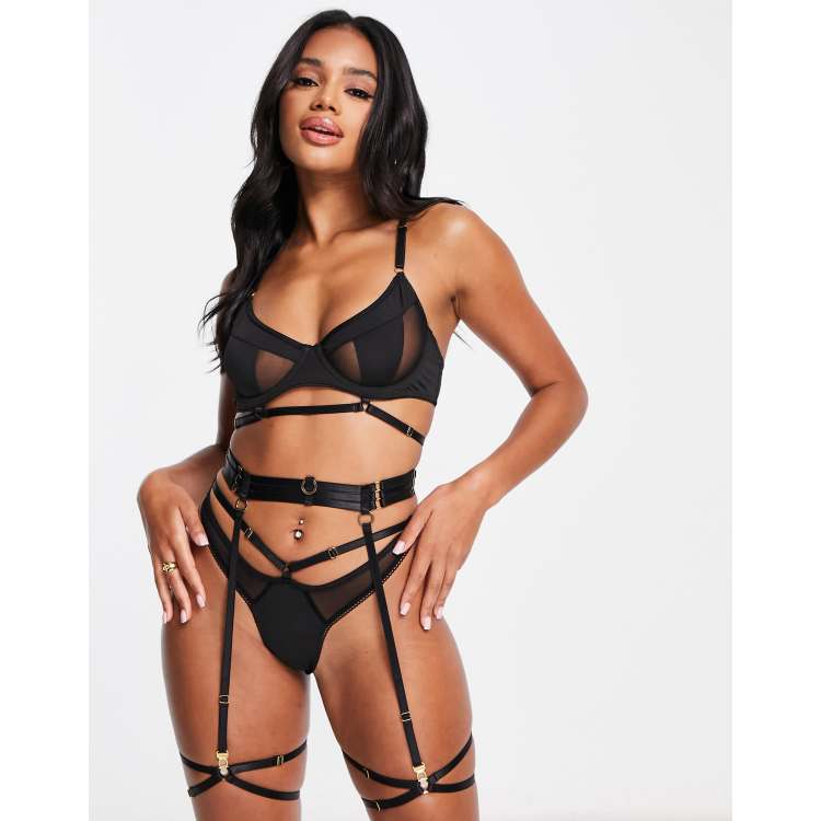 Love & Other Things mesh panel lingerie set with leg harness in black