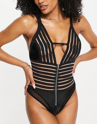 mesh stripe bodysuit in black