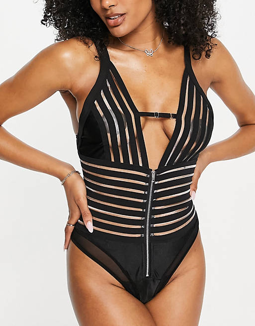 Love & Other Things mesh stripe bodysuit in black