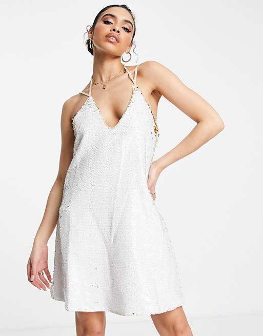 Love & Other Things - Mini-jurk met smalle bandjes en V-hals bedekt met gouden en witte glitters