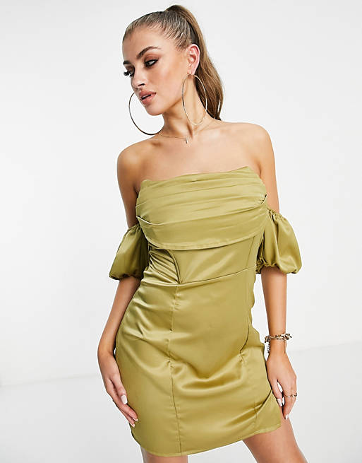 Love & Other Things off shoulder corset style mini dress in green