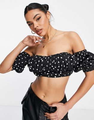 Love & Other Things off shoulder crop top in polka dot