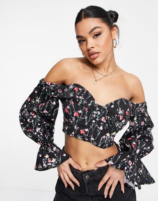 Love & Other Things off shoulder long sleeve crop top with puff sleeves in floral print-Black