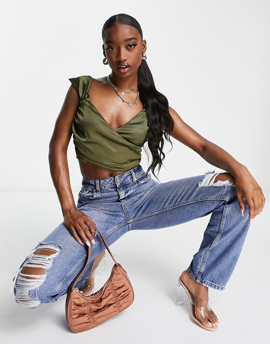 love & other things off shoulder v neck top co-ord in dark khaki-green