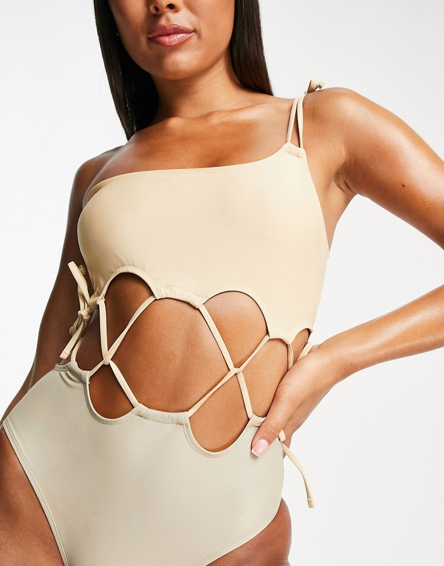 one shoulder cross strappy swimsuit in apricot-Neutral