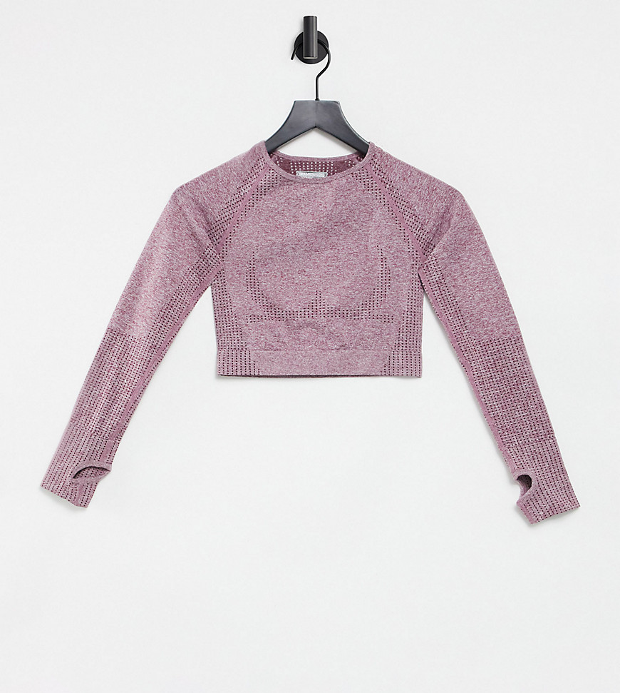 Love & Other Things Petite gym seamless knitted long sleeve cropped top in purple heather