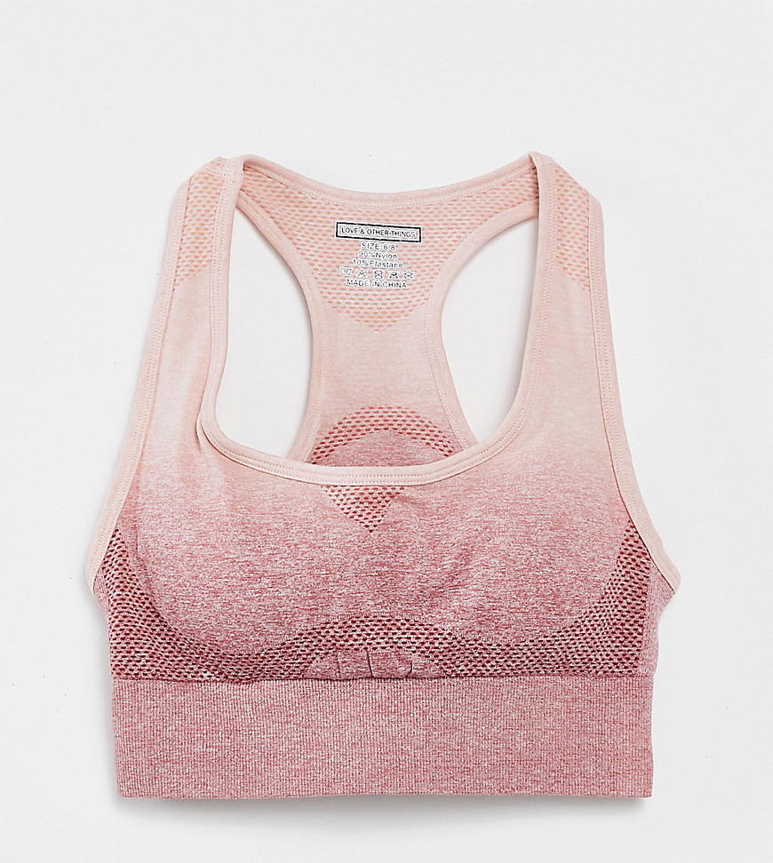 Love & Other Things Petite gym seamless knitted tonal ombre sports bra in peach-Pink