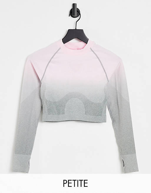 Love & Other Things Petite gym seamless ombre knitted cropped top in pink & grey