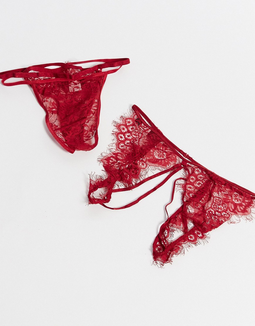 Love & Other Things – Rött underklädesset med bralette och stringtrosor med remmar-Röd