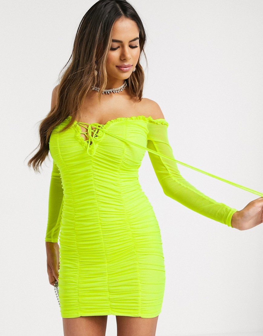 Love & Other Things ruched lace up mini dress in neon green