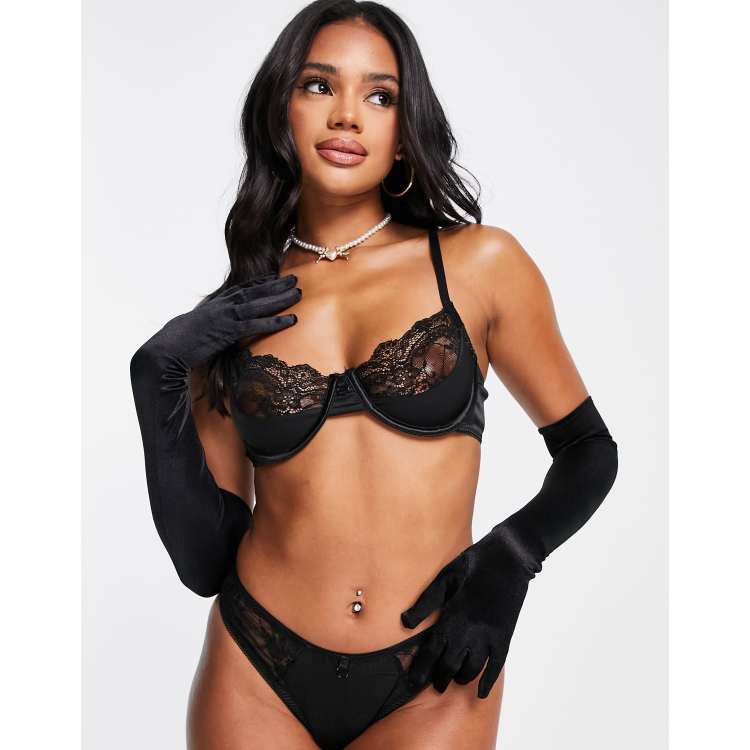 Love & Other Things diamante bra and thong set in black