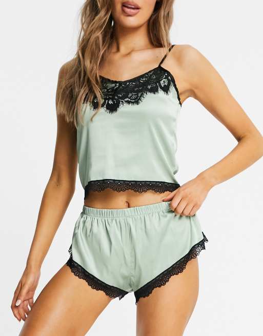 Women Sleepwear Lace Satin Strap Top Pajama Set And Boyshort at