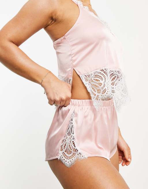 Plus Eyelash Lace Trim Satin Cami Top & Shorts PJ Set