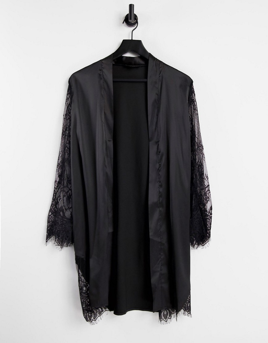 Love & Other Things satin robe with lace sleeves in black