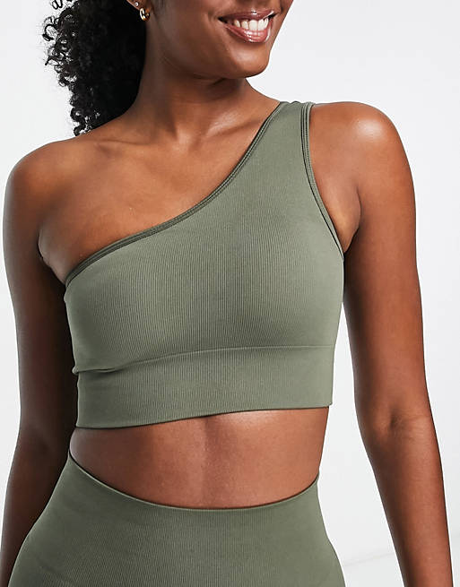 Love & Other things seamless one shoulder top in army green