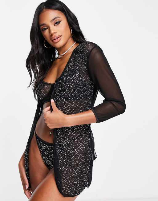 Love & Other Things – Set mit durchscheinendem Morgenmantel und Tanga in Schwarz mit Diamant-Design