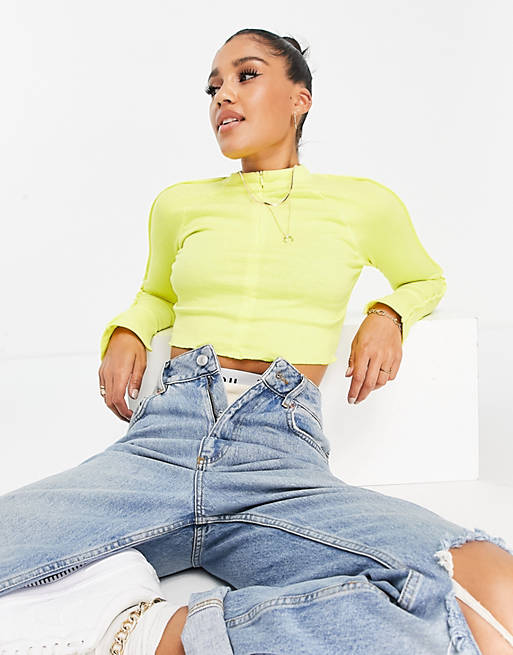 Love & Other Things sporty zip front crop top in yellow