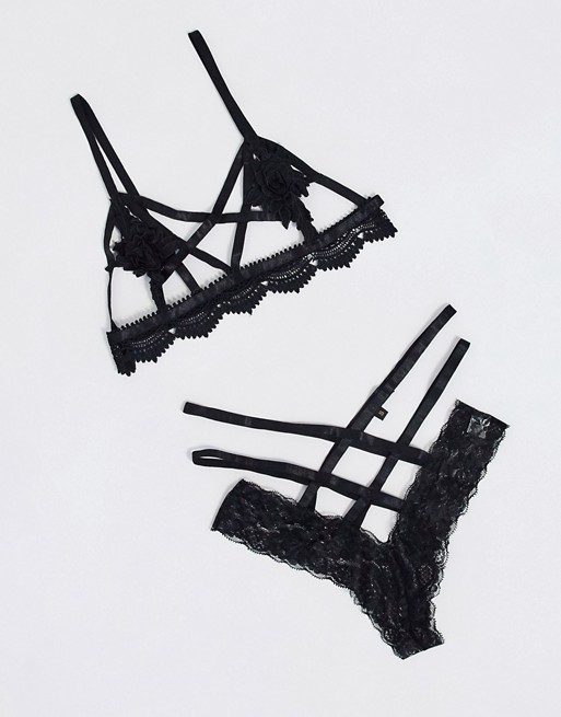 Love & Other Things strappy lace bralet & thong set in black