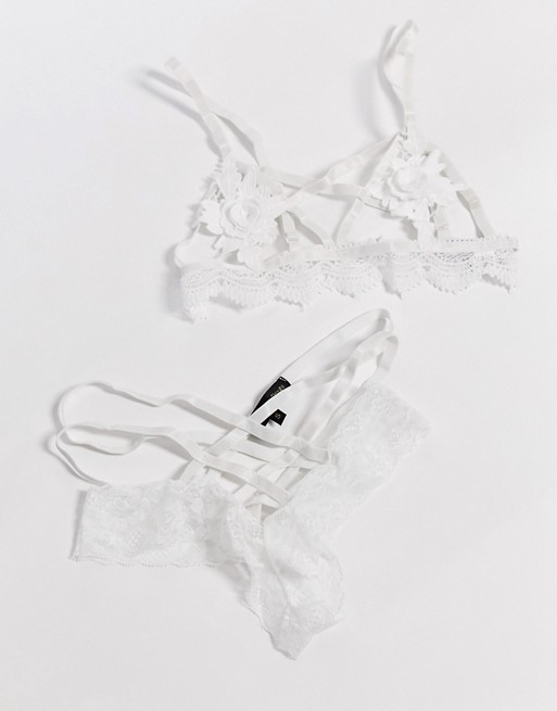 Love & Other Things strappy lace bralet & thong set in white