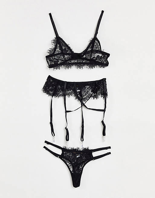 Love & Other Things strappy lingerie set with suspender belt in black eyelash lace