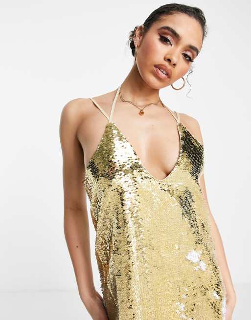 Love Other Things strappy v neck mini dress in gold white glitter