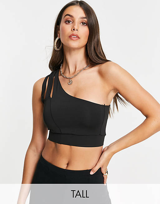 Love & Other Things Tall gym one shoulder cut out crop top in black