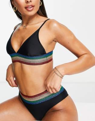 Love & Other Things Triangle Bikini With Contrast Waistband In Black Print