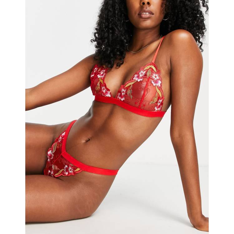 Love & Other Things triangle bralette and thong set in red floral lace