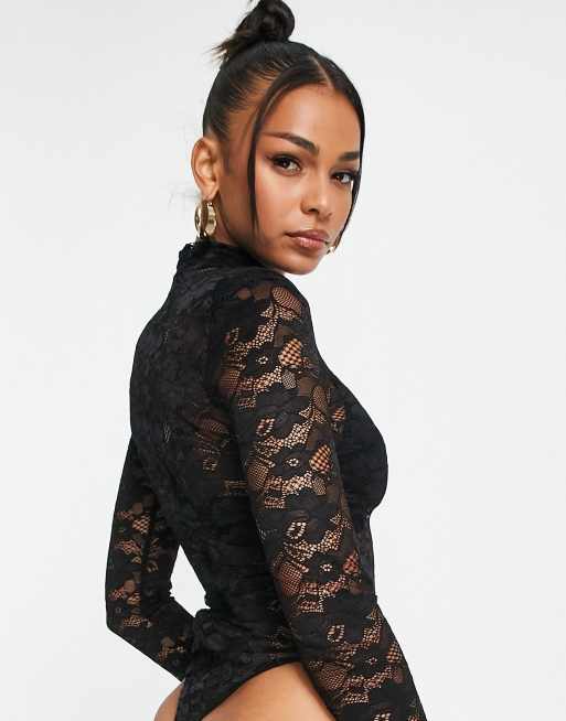 Love Triangle all over lace bodysuit in black