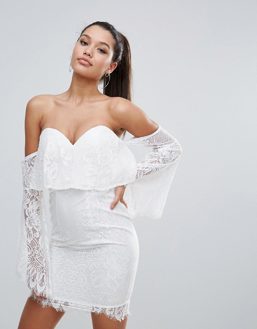 Love Triangle All Over Lace Off Shoulder Pencil Dress With Fluted Sleeve Detail-white