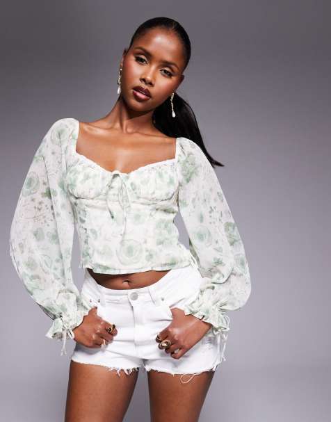 Love Triangle balloon sleeve blouse with lace trim cups in sage and cream floral - view 1