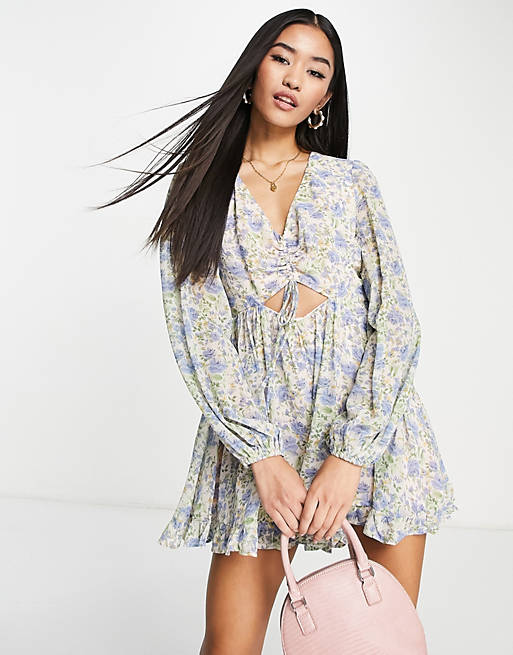 Love Triangle balloon sleeve playsuit in blue vintage floral