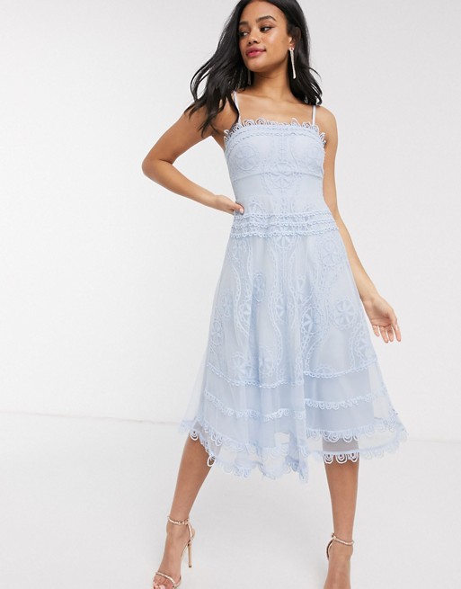Love Triangle bandeau skater midi dress with scallop detail in blue