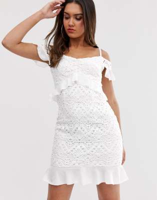 white ruffle bardot dress