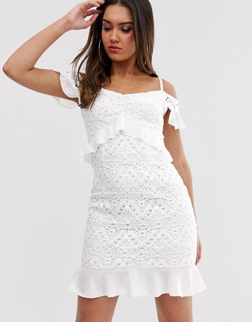 Love Triangle bardot lace dress with ruffle waist in white
