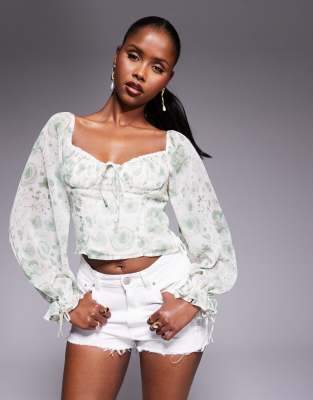 Love Triangle - Blouse à manches bouffantes et bonnets bordés de dentelle - Sauge et crème fleuri-Neutre