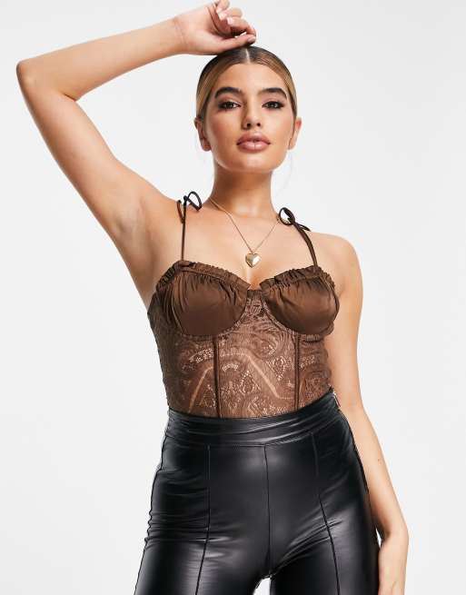 Love Triangle - Body a corsetto in pizzo marrone cioccolato