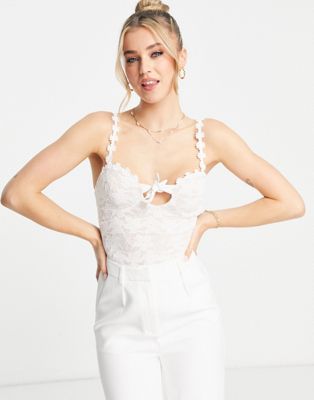 Love Triangle tie front lace body with floral trim in white - ASOS Price Checker