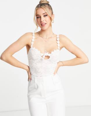 Love Triangle tie front lace body with floral trim in white - ASOS Price Checker