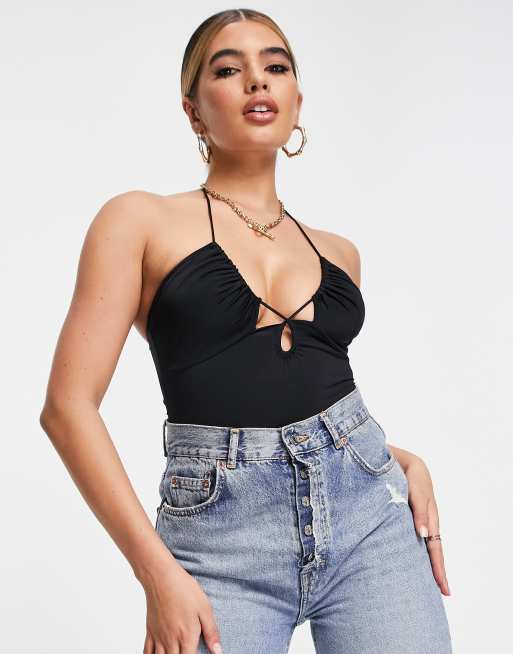 Love Triangle cami bodysuit with cut out in black ASOS