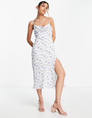 Love Triangle cami midi dress in blue retro floral with leg split