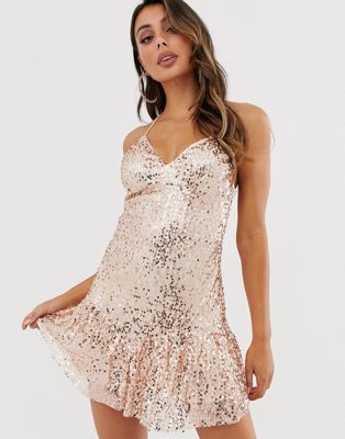 love triangle sequin embellished cami dress in rose gold